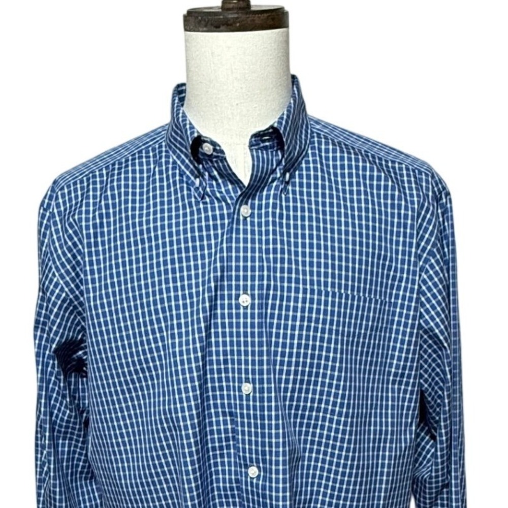 LL Bean Shirt Men 17 XL Blue White Gingham Check Plaid Long Sleeve Button Pocket